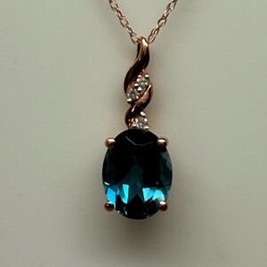 Solid 10K Rose Gold London Blue Topaz and Diamond Pendant and Chain NEW